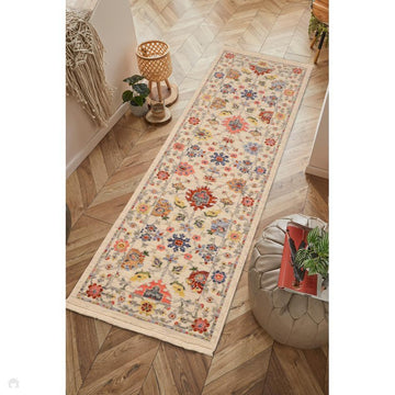 Nomad Floral Traditional Persian Floral Medallion Border Textured Low-Profile Wool Blend Loop Pile Ivory/Multicolour Runner-Melrose-Rug Love - The Most Loved Rug Store